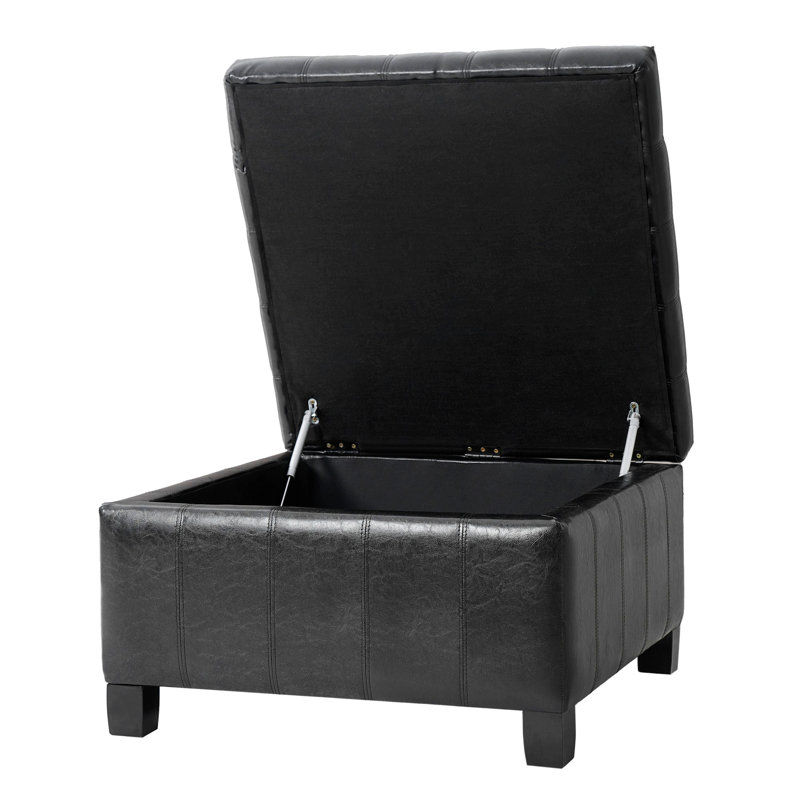 Repose-pieds avec rangement et pieds en bois d'hévéa, repose-pieds carré capitonné avec rangement relevable, Noir