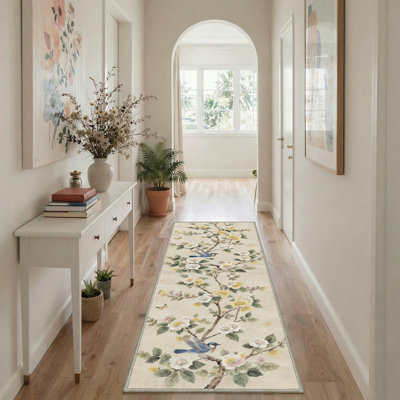 Tapis oriental beige / vert / blanc / jaune lavable à la machine avec envers antidérapant Komorebi