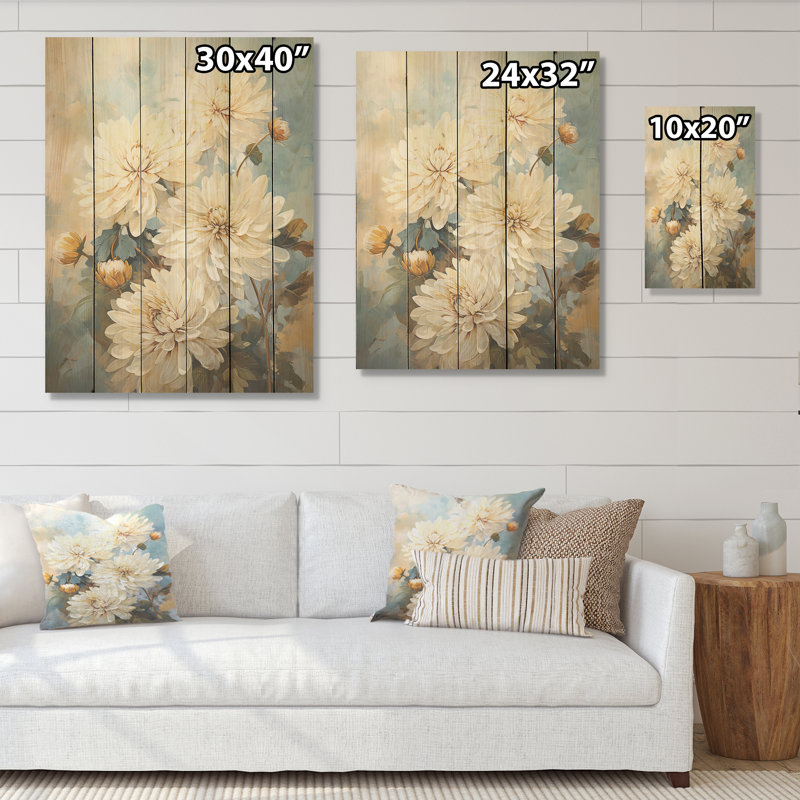 «Beige Mums In Bouquet Bliss», art sur bois de pin naturel, H 40 po x l 30 po