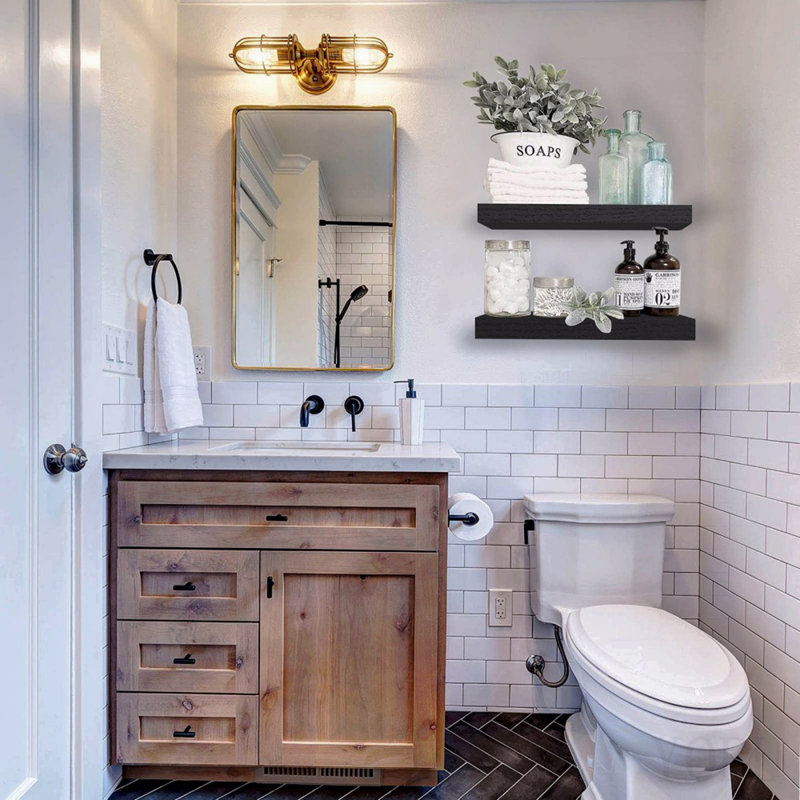 Ensemble de 2 tablettes de salle de bain flottantes pour étagère murale au-dessus de la toilette, ensemble de 2 décorations murales de style campagnard, noir