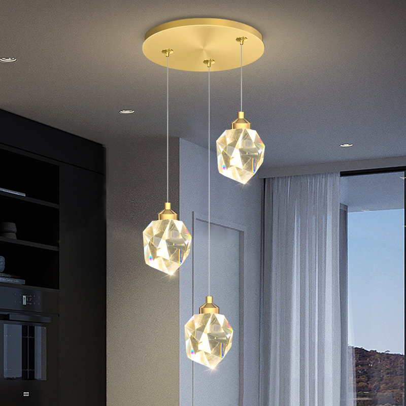 Lustre à 3 lumières en cristal doré, suspension en cristal effet goutte de pluie, éclairage pour îlot de cuisine, hall d'entrée, couloir ou salle à manger