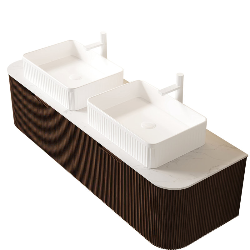 Meuble-lavabo 60 po avec 2 tiroirs, lavabos en céramique blanche, noyer foncé, sans robinet, pré-assemblé, comptoir, finition rayée 3D, grand espace de rangement rectangulaire, noyer, rangement, système de fermeture en douceur
