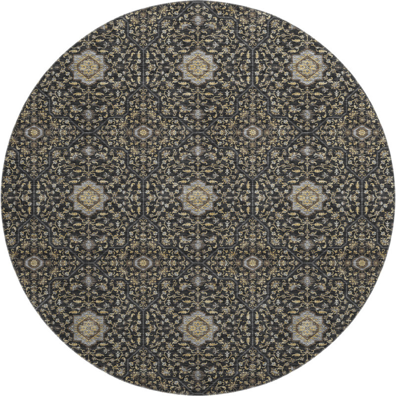 Premium Machine Washable Mayfield AMF2409 Oriental Rug, 8' Round, Black