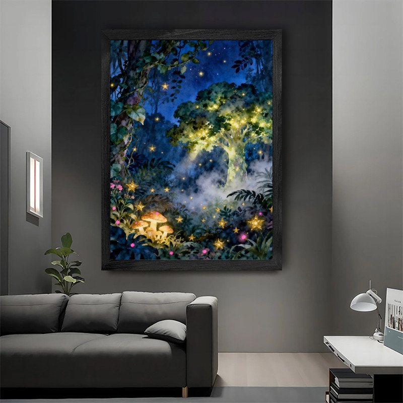Art mural encadré noir forêt de lucioles fantaisiste, aquarelle bohème cadre magique, H 11 po x l 9 po