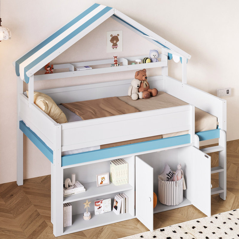 Lit mezzanine avec toit à baldaquin et armoire de rangement, Blanc / Bleu