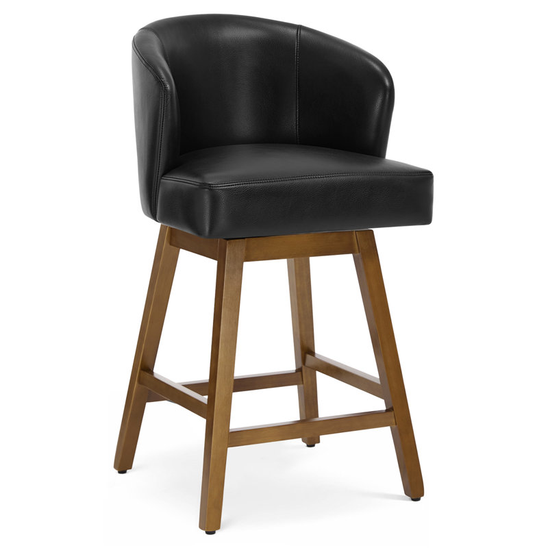360° Swivel Upholstered Bar Stool With Solid Rubberwood Base, Spring-Cushioned Comfort, 350 Lb Capacity, Black