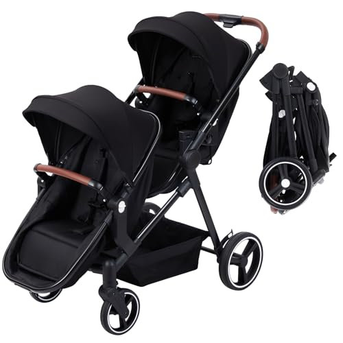Lightweight Double Stroller for Infant & Toddler - Reversible Tandem Pushchair with Collapsible Bassinet - Adjustable Backrest & Canopy