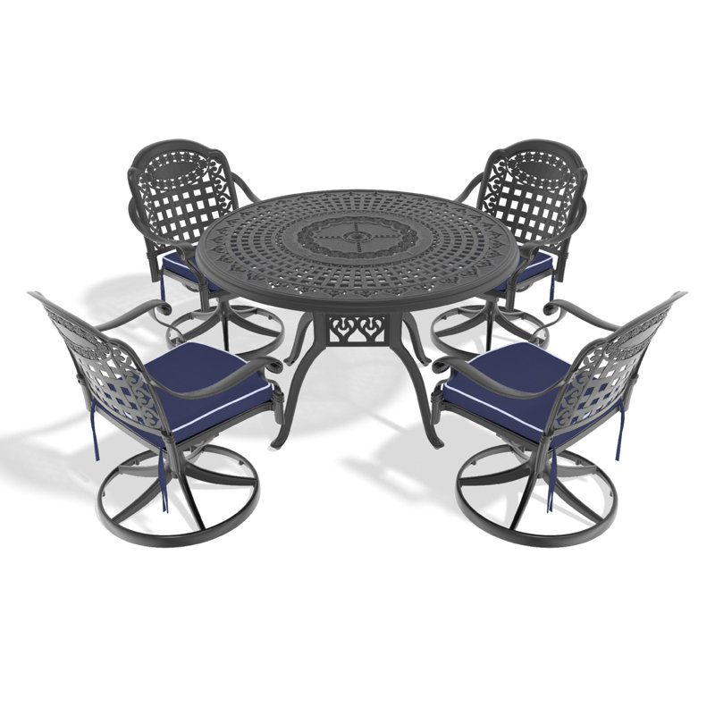 Ensemble de salle à manger 5 pièces en aluminium coulé résistant aux intempéries, comprenant 4 chaises pivotantes et une table ronde de 47,24 po avec cadre