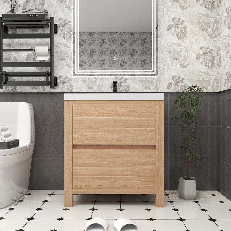 29.5 " W Wall Mounted Wall Mounted 1 Single Vanity Bathroom Vanity With Acrylic Top, Light Oak