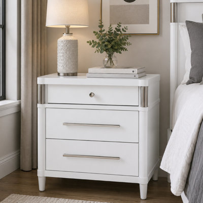 Ruvie Nightstand With 3 Drawers, Metal Post Accent, White Wood 26 Inch