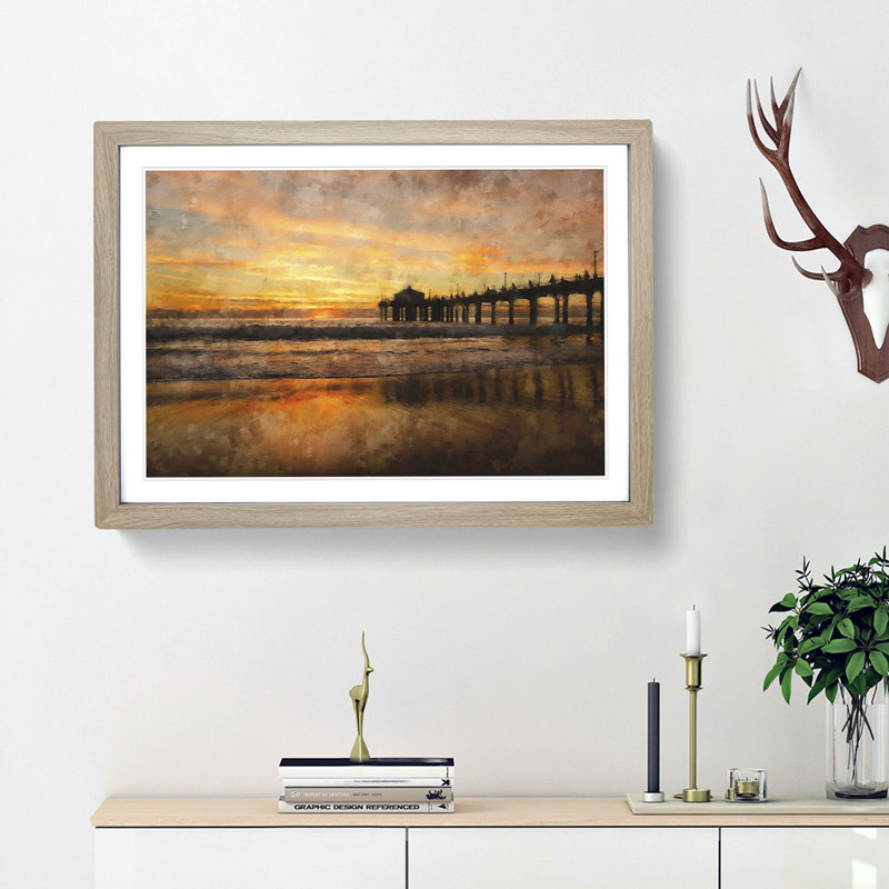 Sunset Behind the Pier - Picture Frame Painting Print, Oak Framed, 62cm H x 87cm W x 2cm D