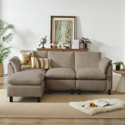 Modern L-Shaped Chenille Upholstered Sectional Couch for Living Room, 3 Seater Cloud Sofa with Ottoman-Camel