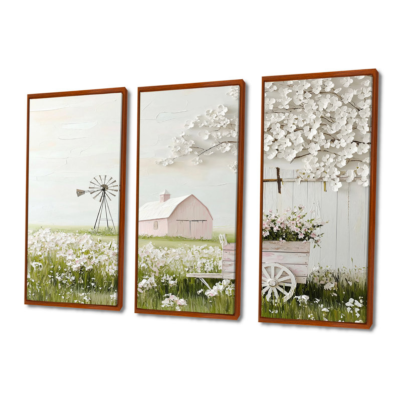 Paysage de ferme dans des tons de rose et de vert III - Ensemble de décoration murale de ferme, H 40 po x l 60 po x P 1 po