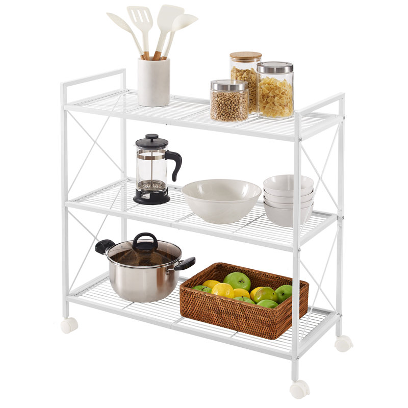 Étagère de rangement en métal à 3 niveaux avec roulettes, étagère en maille avec cadres latéraux en X, largeur de 31,5 po, pour entrée, cuisine, salon, salle de bain, style industriel, blanc