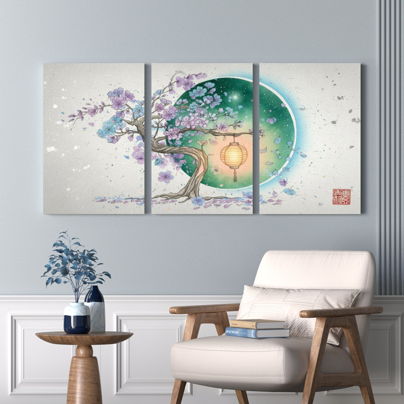 Trinx Cherry Blossom Tree With Lantern And Moon Canvas Wrapped Wall Art ...