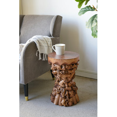11.8X11.8X18.9" Brown Mulberry And Paulownia Wood Accent Table With Organic Tree Root Base