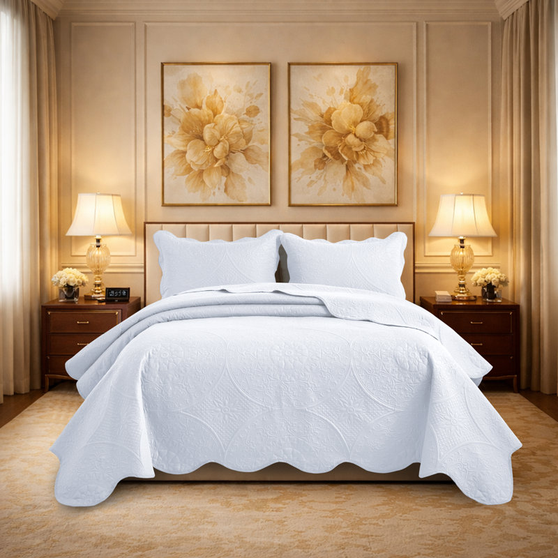 Ensemble de courtepointe à motif floral en microfibre pré-lavée, Blanc, Couvre-lit simple + 1 taie d'oreiller standard