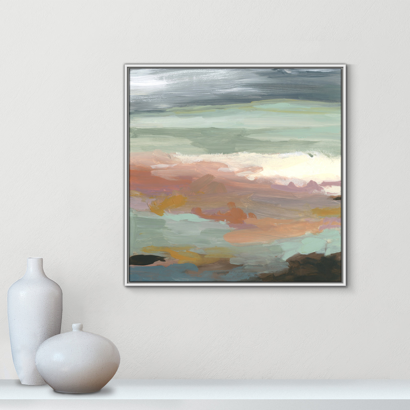 Bingham "Ocean Bluffs" Painting by Carol Robinson, Picture Framed Canvas, 31.5" H x 31.5" W, White