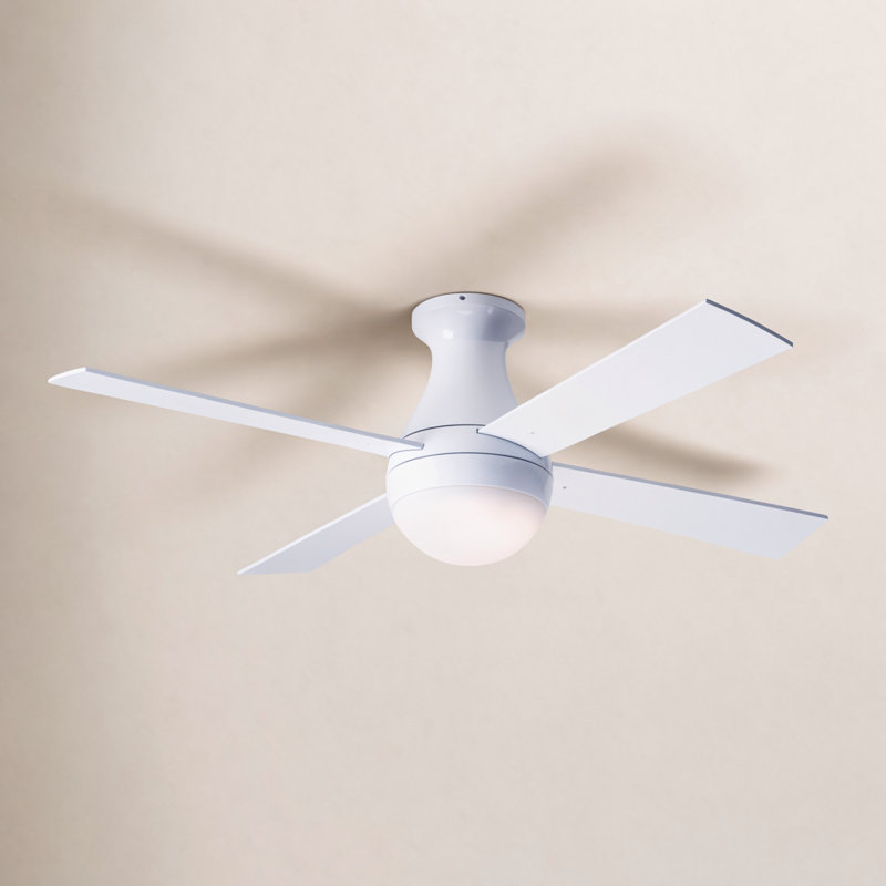 Ball LED Flush Mount Ceiling Fan, White, Gloss White, Wall Control with Remote Handset (2-wire)