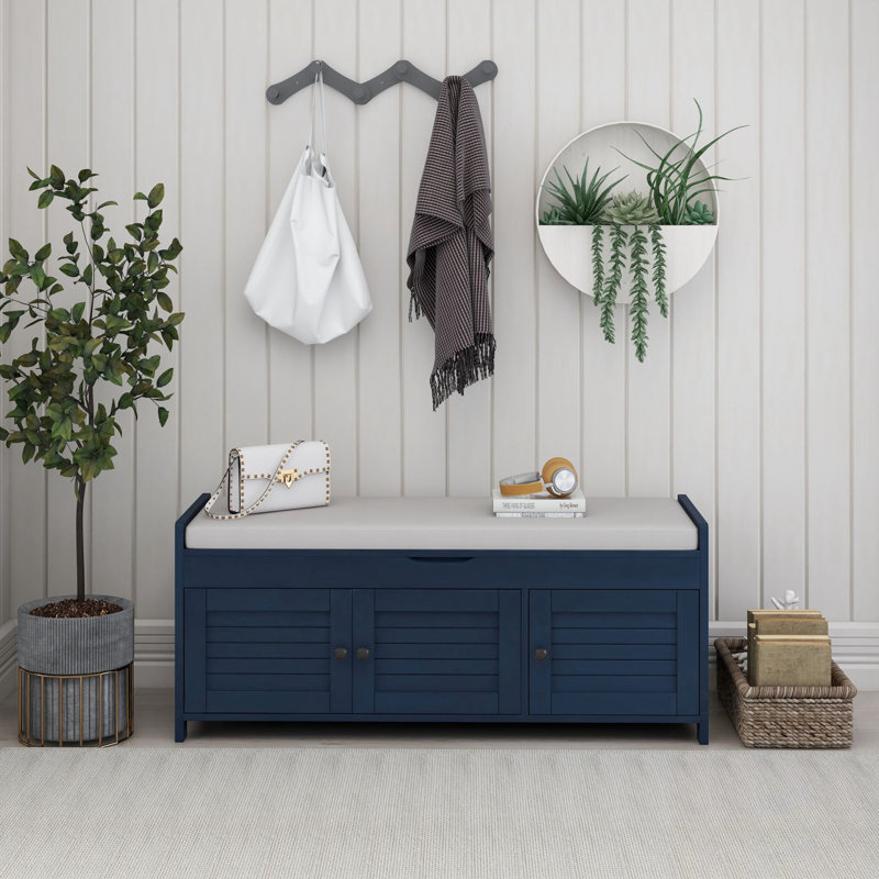 Banc de rangement en bois pour hall d'entrée avec 3 portes à volets, Marine antique