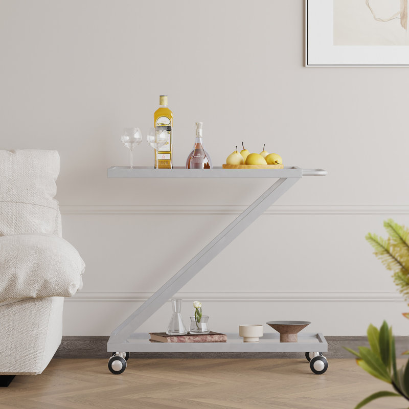 Fashionable Metal And Glass Bar Cart, Locking Wheels, 34.99Inh, Silver Cool Tempered Shelved Cart With Robust Construction, 18.23Inw,