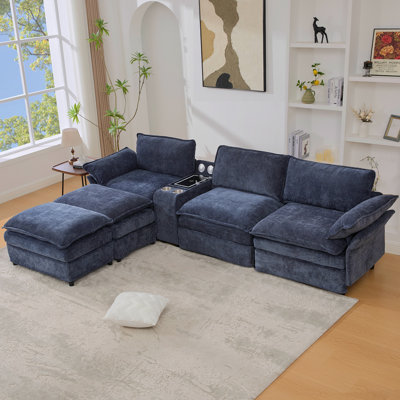 [NEW ARRIVED] [VIDEO PROVIDED]U Shaped Modular Sectional Sofa,Storage Console & Wireless Charging,2 Cup Holders,Bluetooth Speakers,2 Movable Footstools,Adjustable Handrail,Movable Seat,Chenille,Blue
