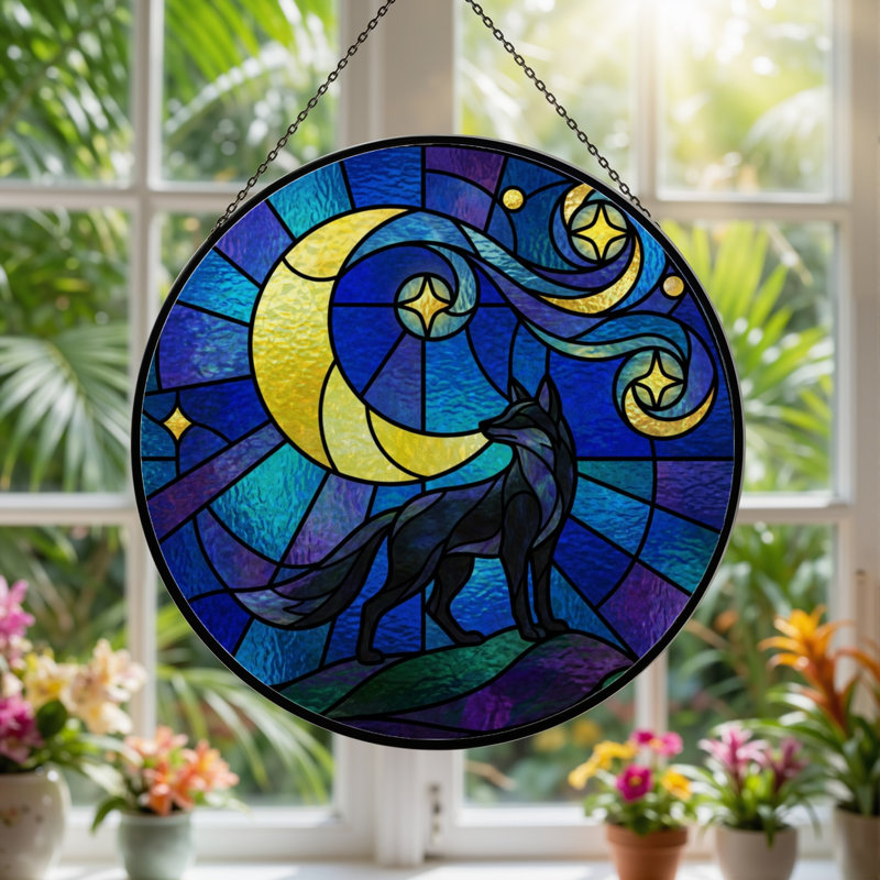 Panneau de vitrail 12 "H Wolf Moon, 12" H x 12" W