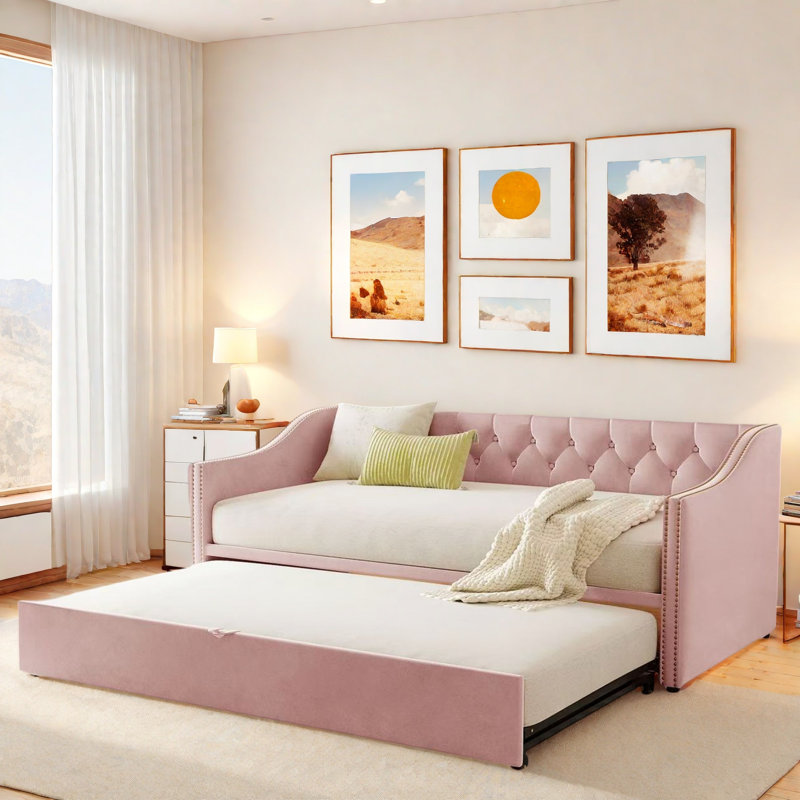 Upholstered Daybed With Pop Up Trundle, Pink