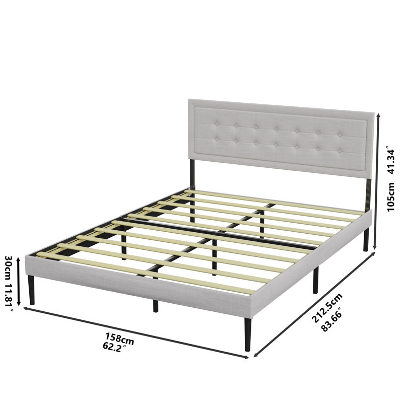 Base de lit plateforme en fer avec support en lattes de bois et tête de lit tapissier (grand)