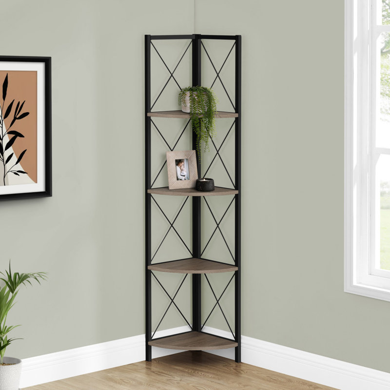 Bookshelf, Bookcase, Etagere, Corner, 4 Tier, 60"H, Office, Bedroom, Contemporary, Modern, Taupe/Black