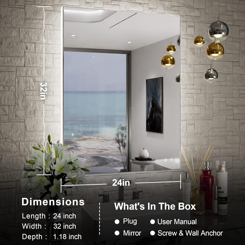 24 x 32 Inch LED Backlit Bathroom Vanity Mirror,Anti-Fog,Dimmable,CRI90+,Touch Button,Water Proof,Horizontal/Vertical Wall Mounted with Light