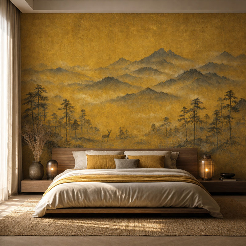Papier peint paysage de montagne dorée, silhouette de cerf brumeux, 100"x96", Non-Woven Nonpasted