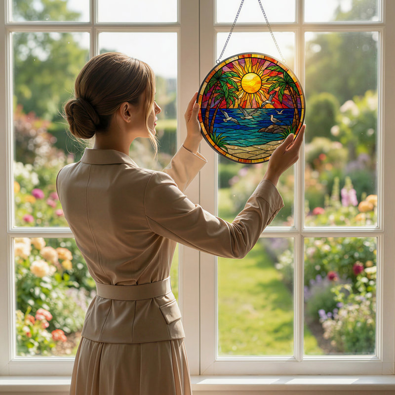 Panneau de vitrail de fenêtre 7,8 "H Sunset, 7.8" H x 7.8" W