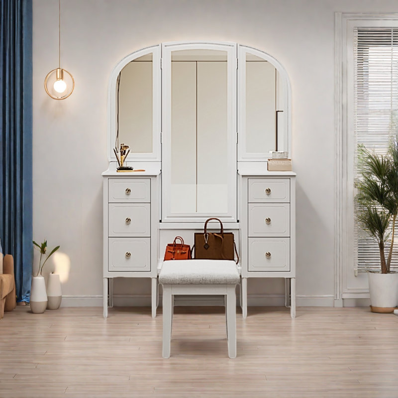 Meuble-lavabo antique avec 3 miroirs, 6 tiroirs, bureaux latéraux et tabouret