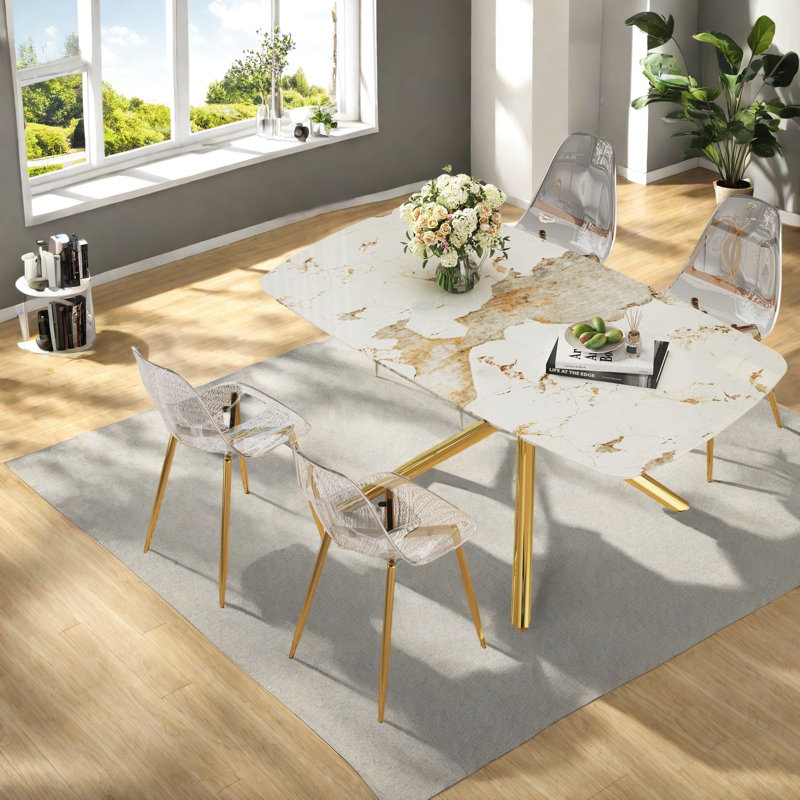 Ensemble de table de salle à manger Luxurious Modern, verre trempé marbré, chaises à cadre doré