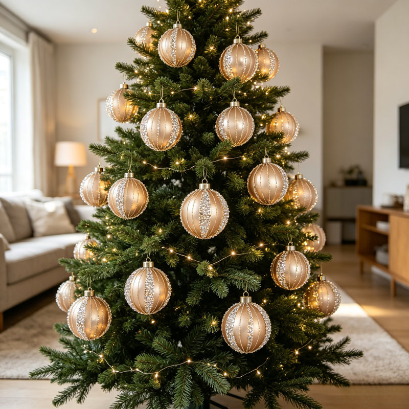 Ensemble de 4 décorations en forme de boule de Noël à rayures verticales 4,7 pouces champagne et strass, 4.7", 4 pièces