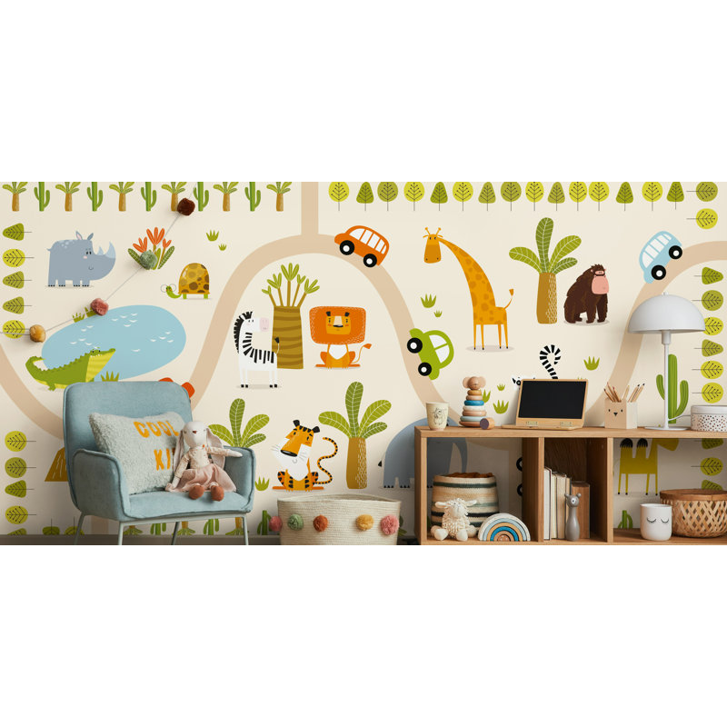 Safari Road Trip Kids Wallpaper with Animals, 36.96" L x 56" W