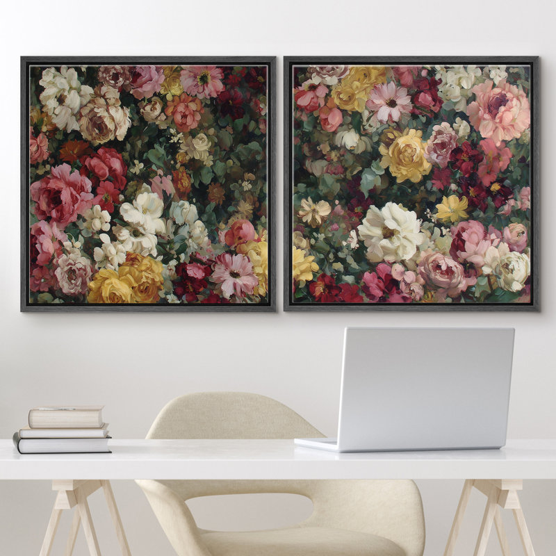 «Classic Blooming Rose Garden Floral», ensemble de 2 œuvres d'art encadrées, H 24 po x l 24 po, Cadre flottant noir