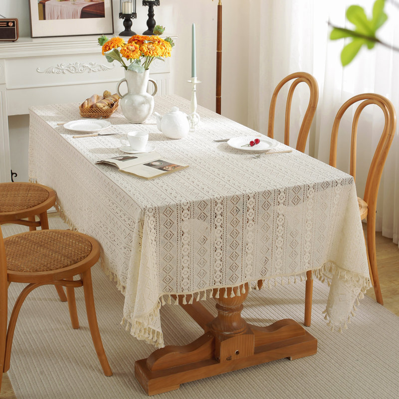 High Quality Washable Wrinkle Free Lace Tablecloth With Tassel, 86" L x 55" W