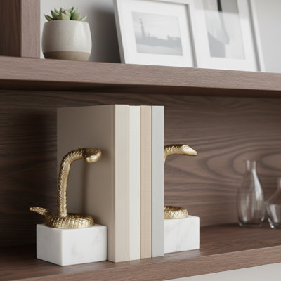 Decorative Snake on Marble Base Bookends for - Modern Home Decor for Desk and Bookshelf Accessories - Set of 2", 9", Gold