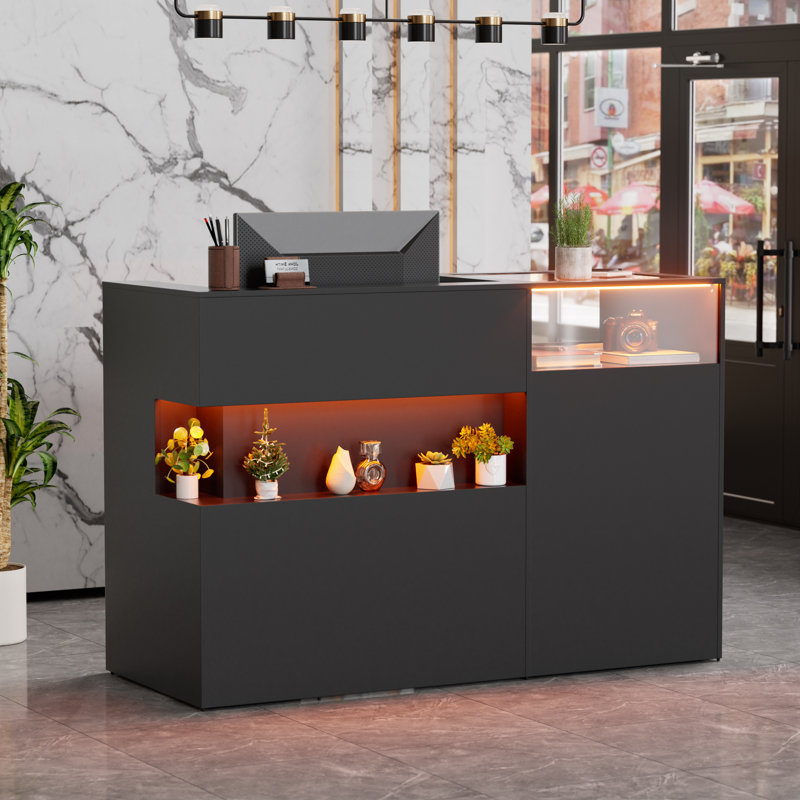 Grand bureau de réception de 59 po avec comptoir, table de réception moderne avec lumière DEL et tablette en verre, comptoir de vente au détail, vestibule, salon de beauté, bureau à domicile