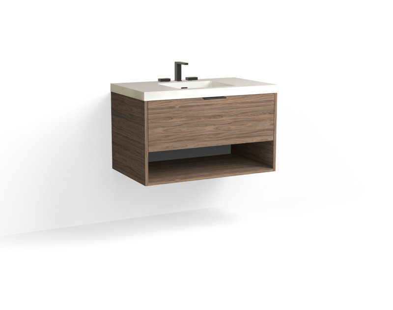Modo 36" W Wall Mounted Single Bathroom Vanity, Glossy White/8" Widespread, Nocino, Satin Nickel