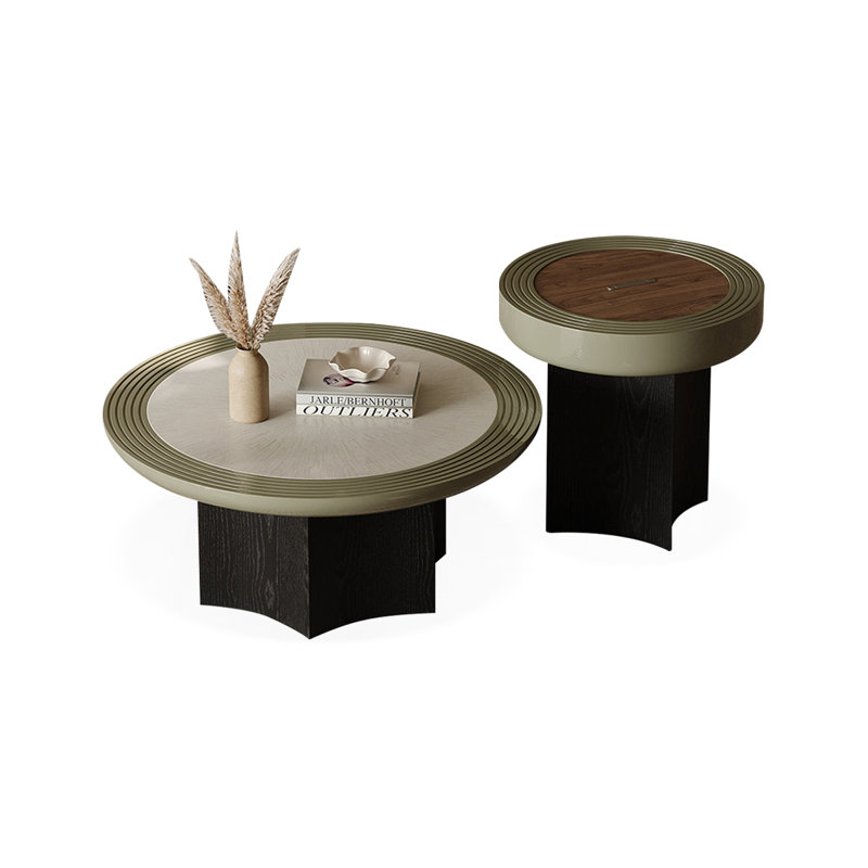 Ensemble de tables basses rondes en bois fritté noir et vert + bois manufacturé