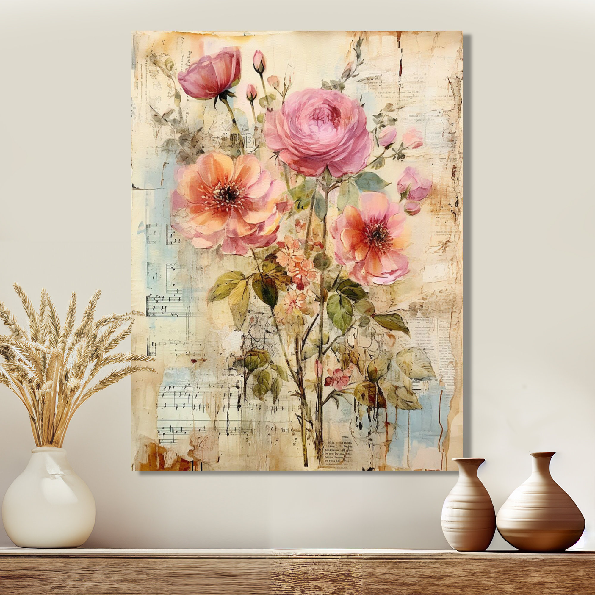 Winston Porter Pink Rose Vintage Musical Collage - Roses Wall Art Decor ...