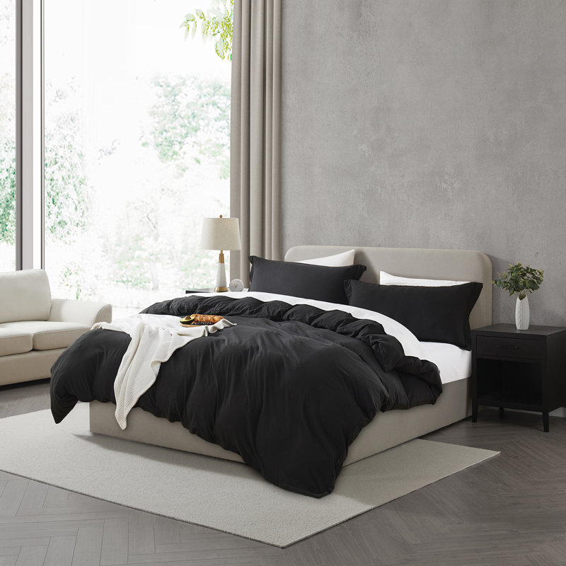 Ensemble de housse de couette prélavé, Noir, Housse de couette pour très grand lit et 2 très
