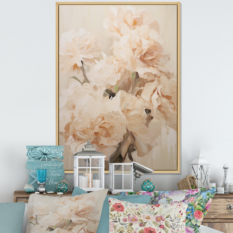 Arrangement d'œillets beige IV sur toile, Cadre naturel flottant, H 40 po x l 30 po x P 1,5 po