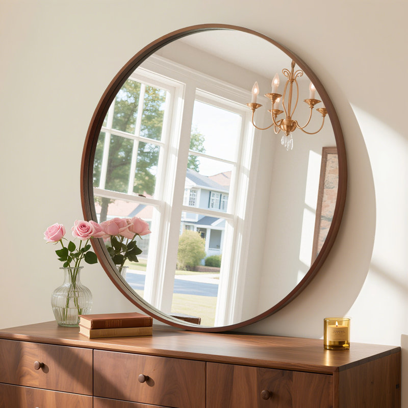 Karrina Accent Wood Round Mirror, 36" x 36", Walnut
