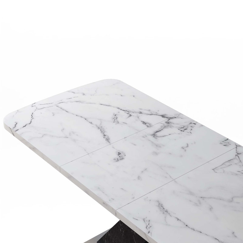 Stretchable Square Dining Table(Only Table), White Marble, Black