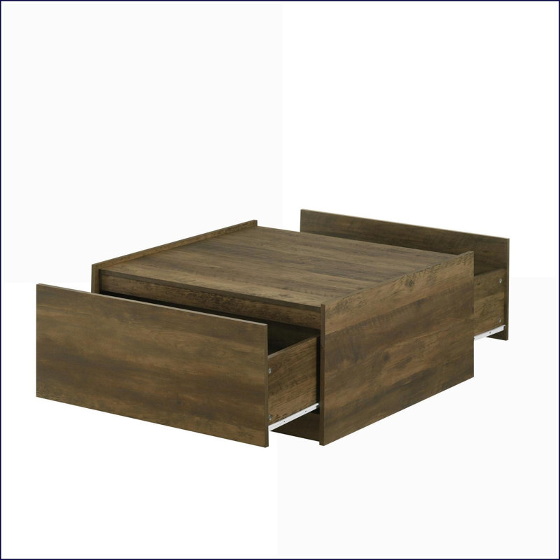 Table basse moderne en chêne avec finition pour le salon, 2 tiroirs sans poignée, surface sécurisée à rebord surélevé