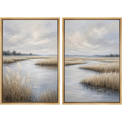 Serene Blue Marshland with Water and Reeds Framed Canvas Master Bedroom Wall Art Work 2 Pieces Print